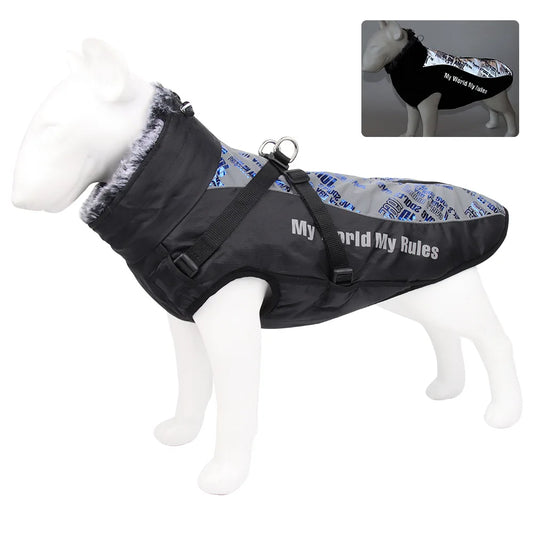 Large Dog Jacket Fur Collar Winter Dogs Clothes for Pet Waterproof Big Dog Coat with Removable Harness French Bulldog Pug Outfit