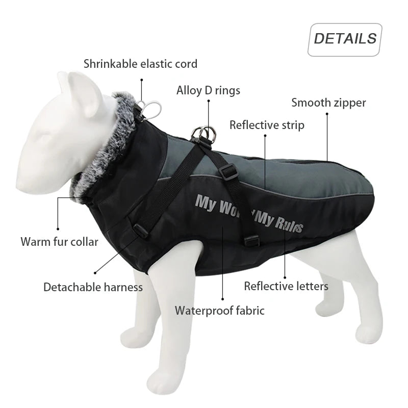 Large Dog Jacket Fur Collar Winter Dogs Clothes for Pet Waterproof Big Dog Coat with Removable Harness French Bulldog Pug Outfit